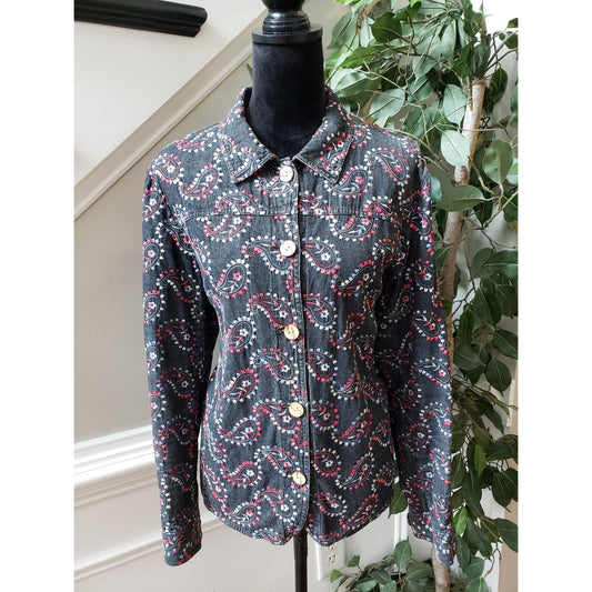 Coldwater Creek Blazer Jacket Women's XL Gray Embroidered Paisley Button Front