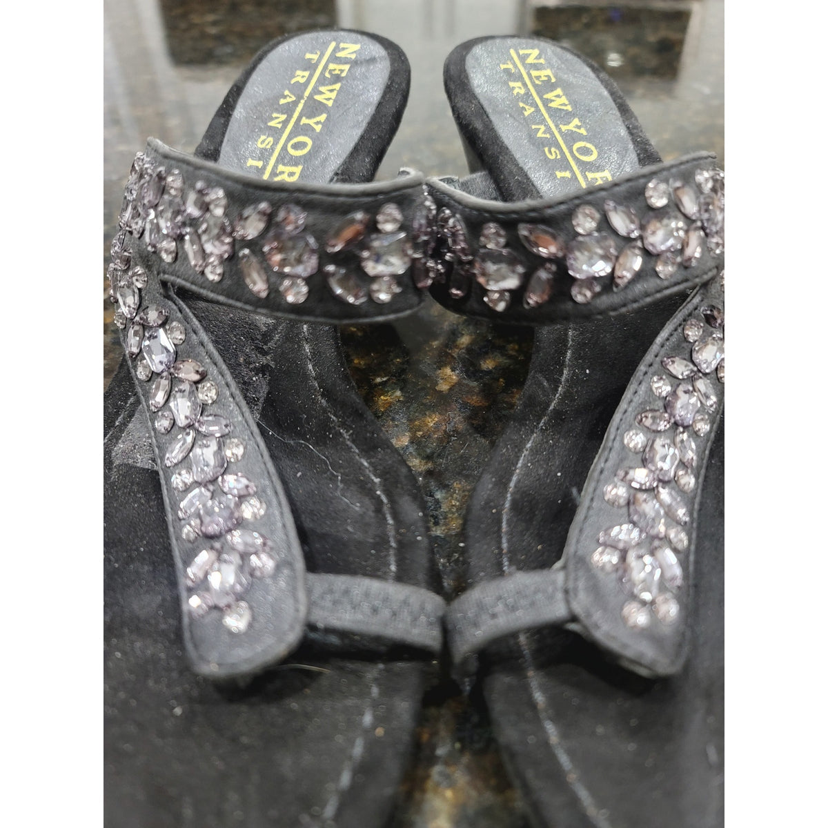 New York Transit Bling Wedge Sandals Womens Size 8M Black Crystal Stone Slip On