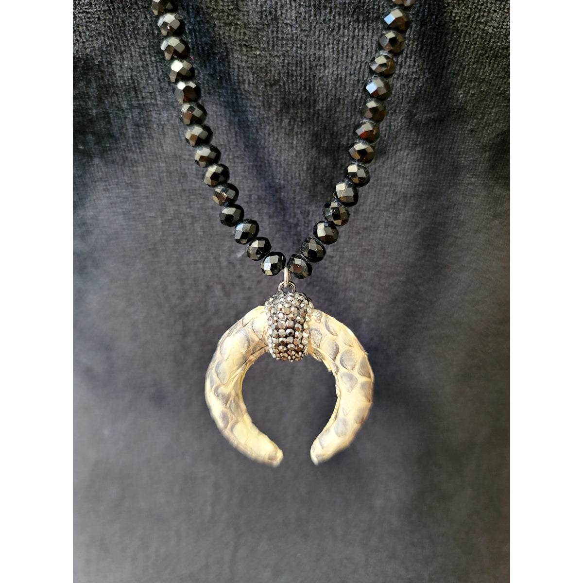 Women Layered Black Beaded Crescent Horn Pendant Necklace Long Statement Jewelry