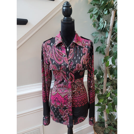BCBG Max Azria Blouse Women's Medium Black Pink Paisley Print Long Sleeves