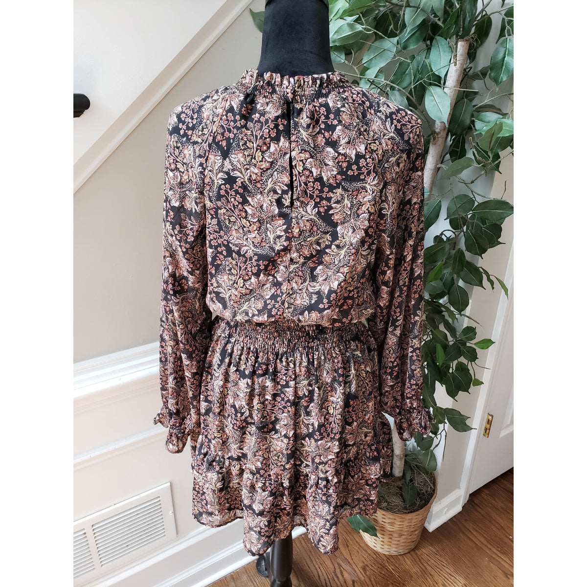VICI Mini Dress Womens XS Multi Floral Polyester Lined Smocked Waist Mock Neck
