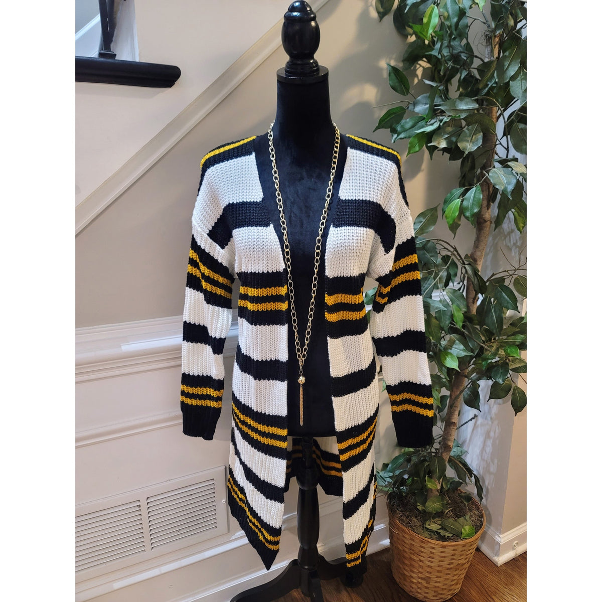 Evelyn Taylor Cardigan Sweater Women's Small Black/White Striped Open Front
