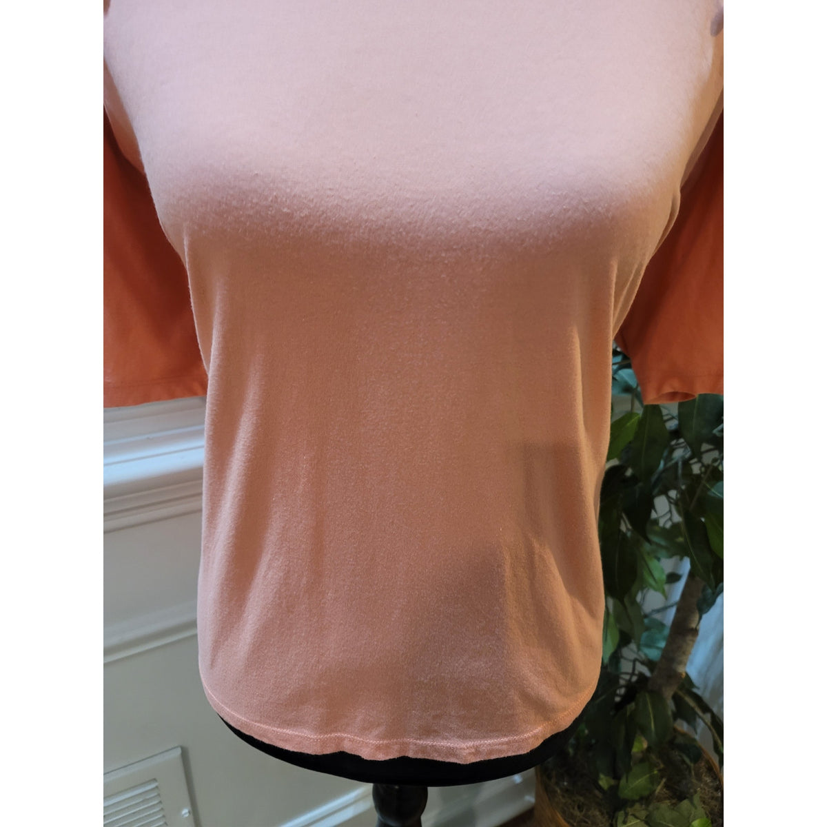 INC Blouse Top Women's Medium Peach Rhinestone Pearl Half Sleeves Crew Neck