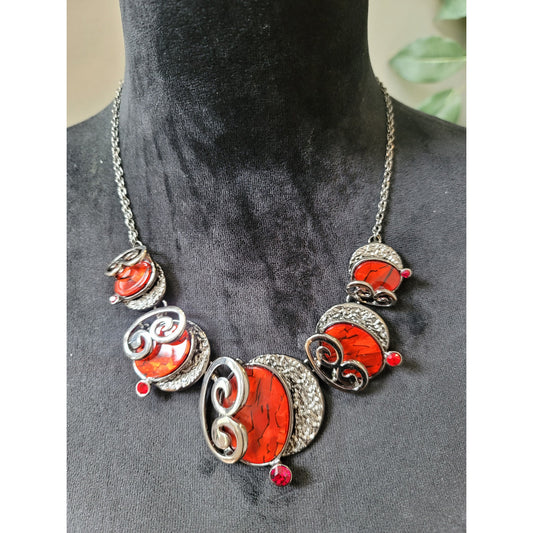 Women's Red Resin Statement Necklace Silver Tone Swirl Design Lobster Clasp
