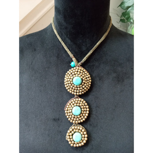 Gold Tone Triple Turquoise Medallion Pendant Necklace Boho Southwestern Style