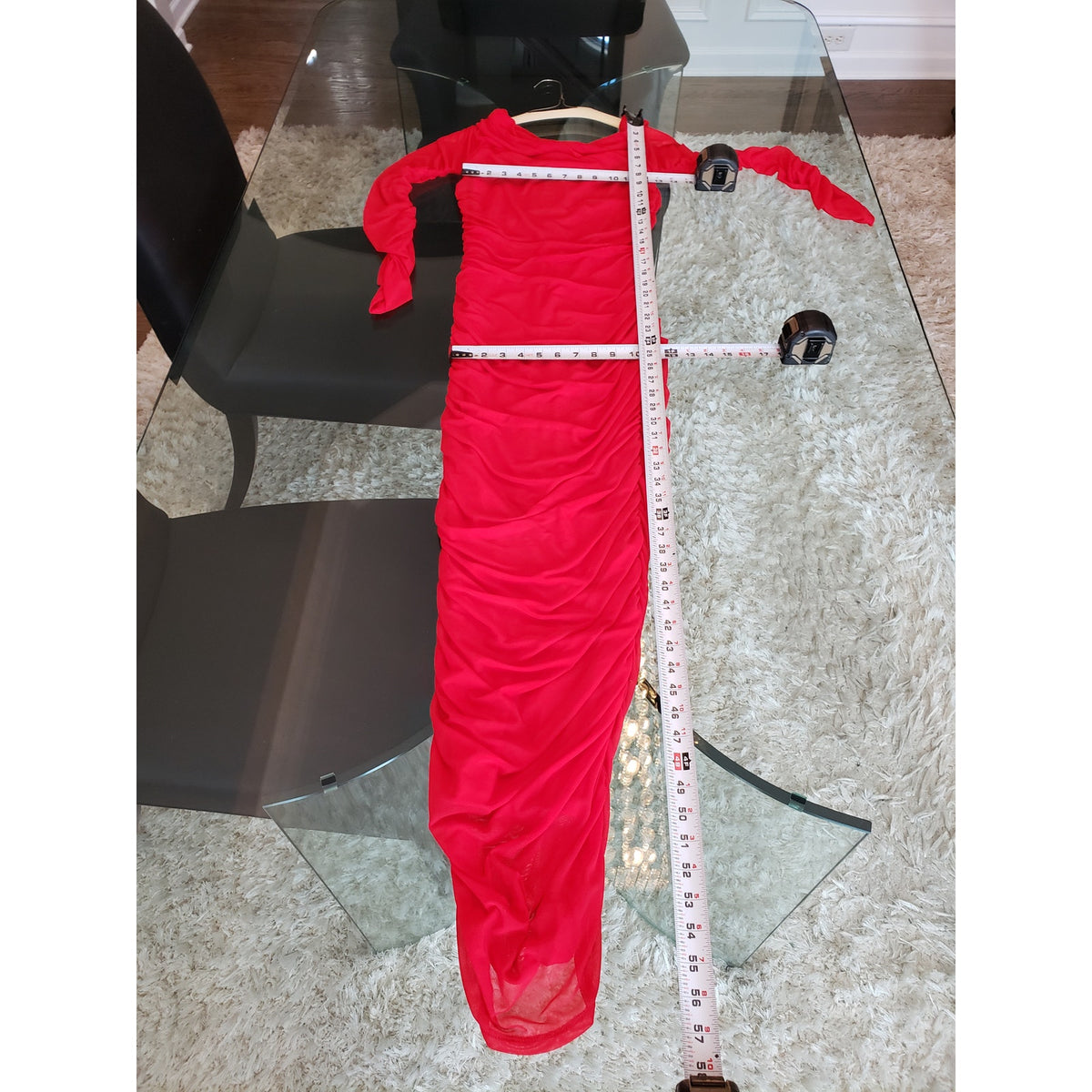 Fashion Nova Slinky Ruched Maxi Dress Womens S Red Cowl Neck Sheer Sleeve Lined