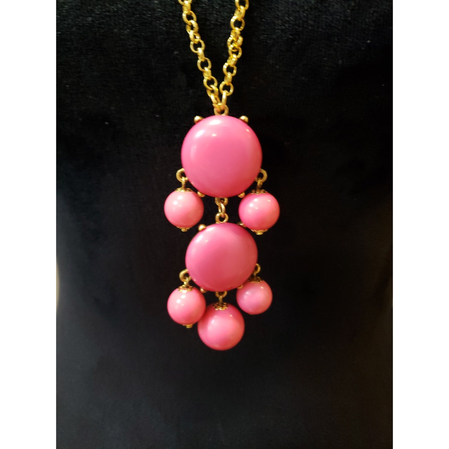 Women Fashion Gold Tone Pink Drippy Bubble Beads Prong-set Long Necklace Jewelry