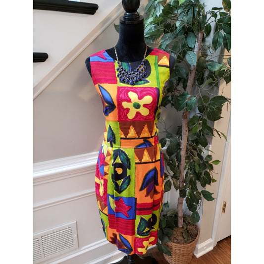 Vintage Positive Attitude Sheath Dress 11/12 Multi Patchwork Print Round Neck