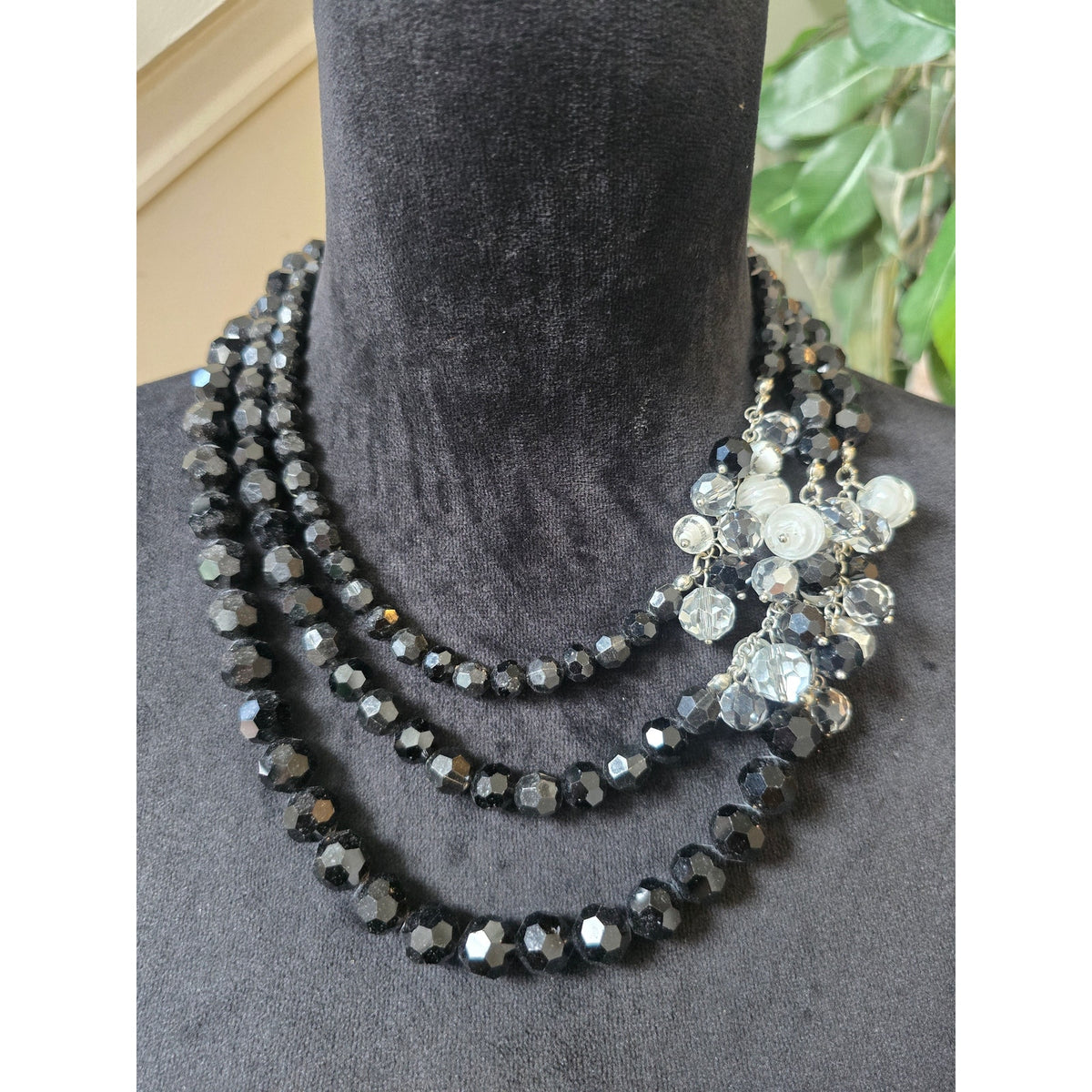 Black Gray Multi Strand Beaded Statement Necklace