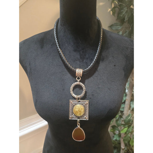 Women's Gold Tone Choker Necklace With Round Pendant Lobster Claw Clasp