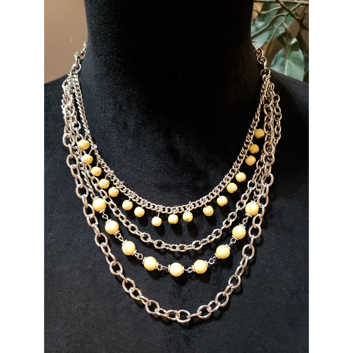 Womens Silver Tone 4 Strand Chains Yellow Jasper Bib Statement Necklace Jewelry