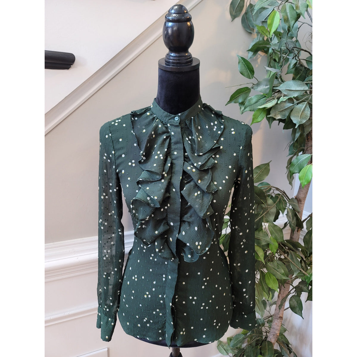 H&M Blouse Green Polka Dot Sheer Ruffle Band Collar Long Sleeve Small Button-Up