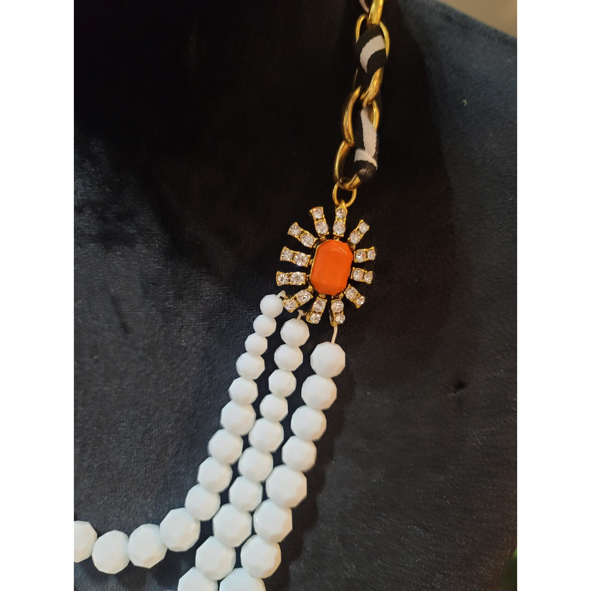 Plunder Orange White Beaded Necklace, Bracelet Earrings Set Statement Jewelry