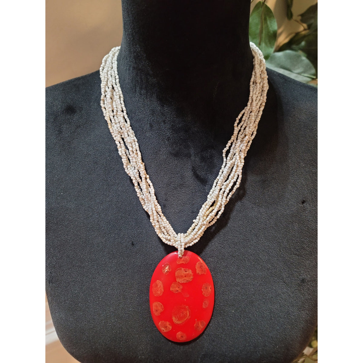 Womens White Beaded Necklace With Large Red Oval Pendant And Button Lock Jewelry
