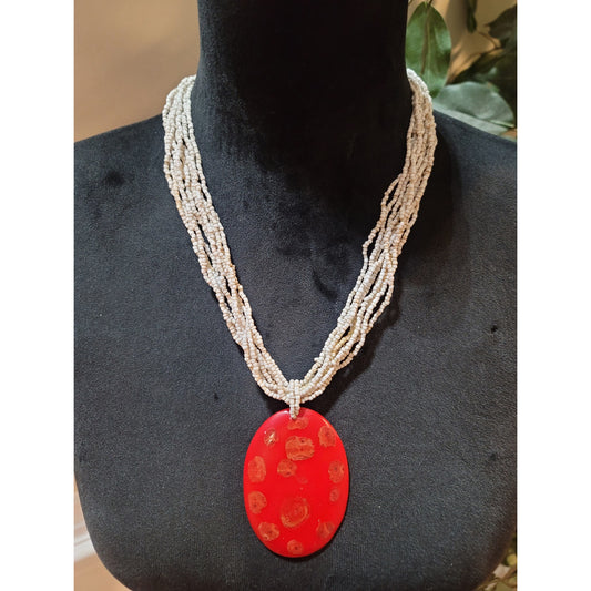 Womens White Beaded Necklace With Large Red Oval Pendant And Button Lock Jewelry