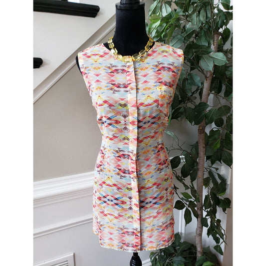 Cabi Avery Multicolor Round Neck Sleeveless Sheer Button Front Tunic Size Medium