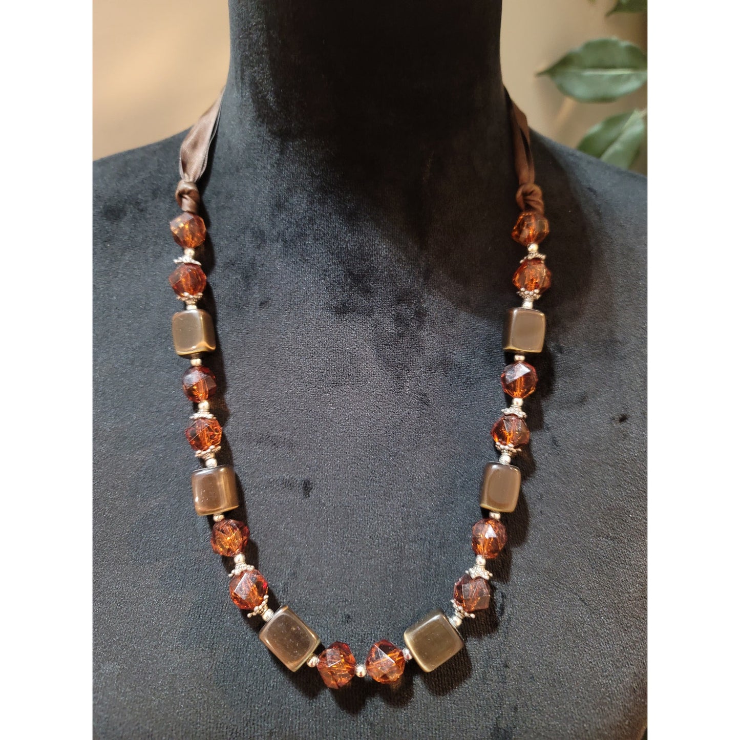 Women's Brown Ribbon Tie Beaded Necklace With Amber Crystal And Square Beads