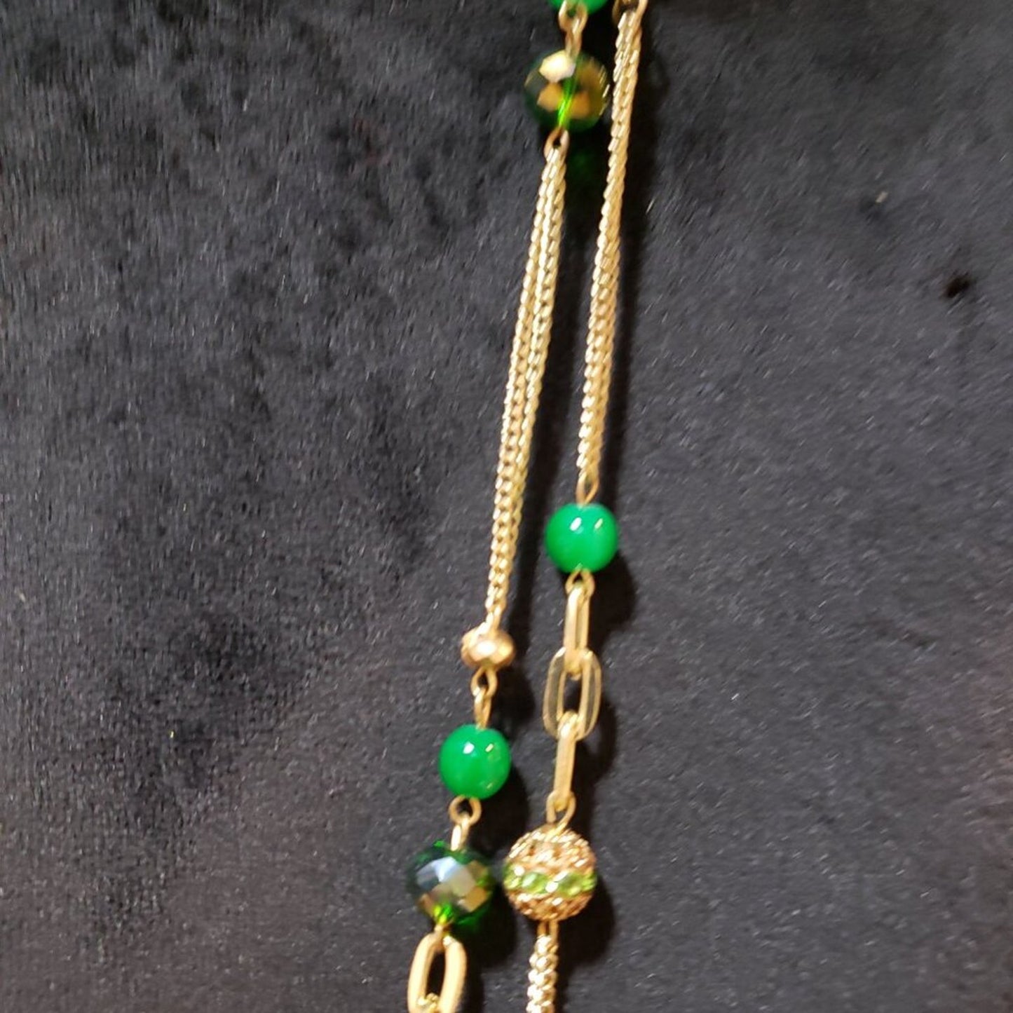 Women Gold Tone 2 Strand Green Emerald Beads Metal Faceted Bowl Station Necklace