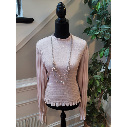 Do + Be Blouse XL Blush Pink Smocked Bodice Ruffle Neck Puff Sleeve Pullover