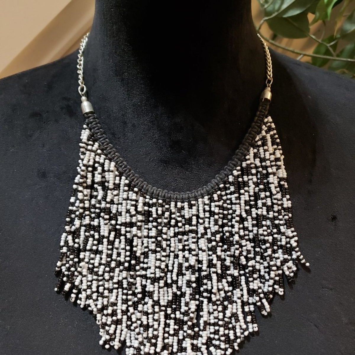 Womens Black White Glass Beaded Woven Fringe Collar Necklace with Lobster Clasp