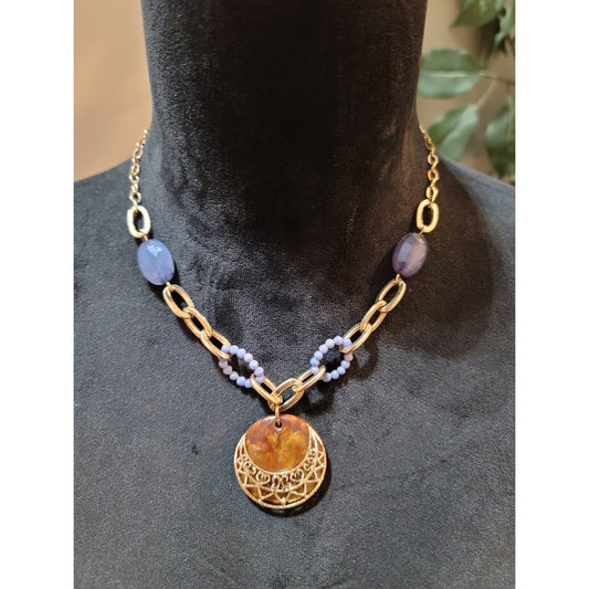 Women's Boho Pendant Necklace With Gold Chain Purple Beads And Lobster Claw Lock