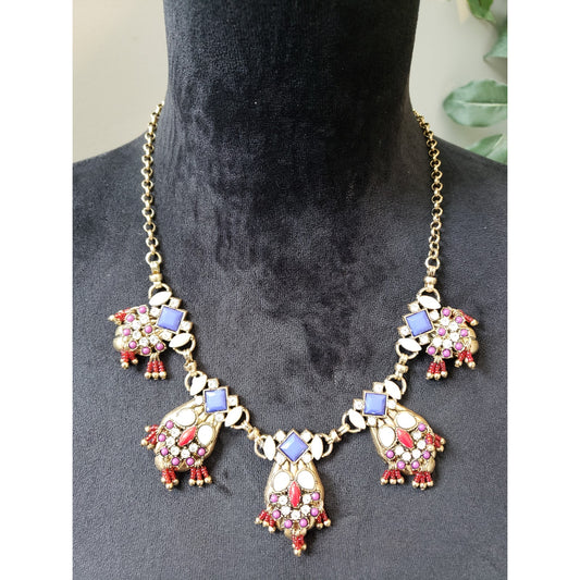 Women's Owl Charm Statement Necklace Gold Chain Purple Red Beads Lobster Clasp