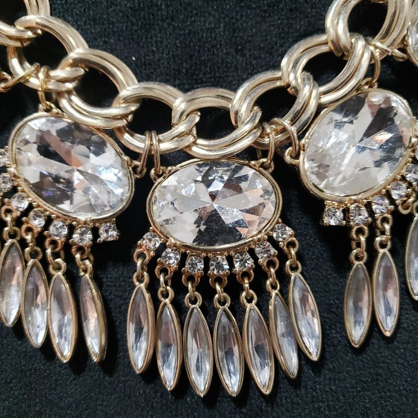 Women Fashion Rhinestone Linked Gold Chain Statement Necklace with Lobster Clasp