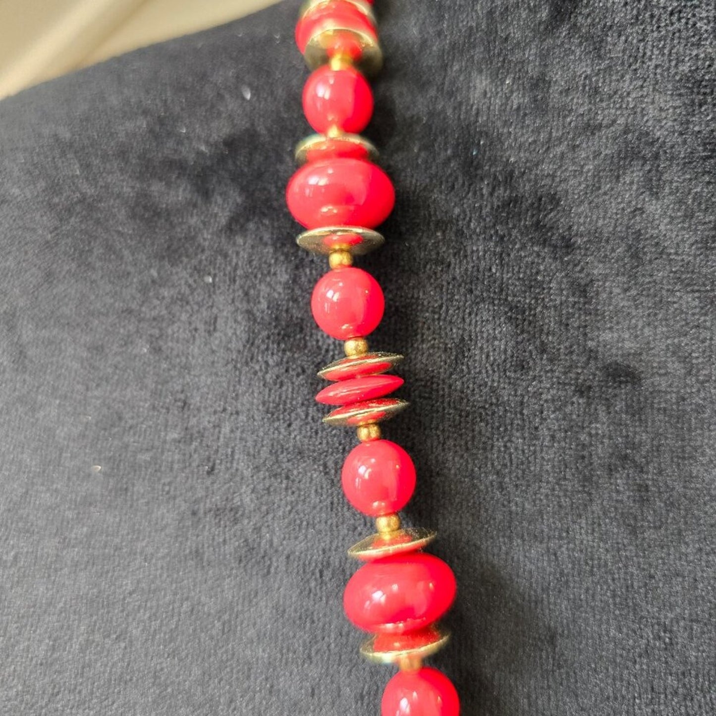 Womens Red Lucite Bead Gold Accents Single Strand Collar Necklace w/ Spring Ring