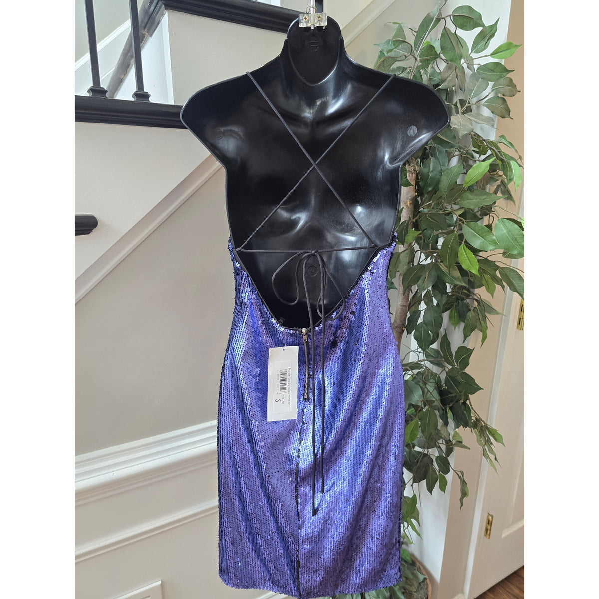 Quii Bodycon Dress Women's Small Purple Sequin Open Back Criss-Cross Straps