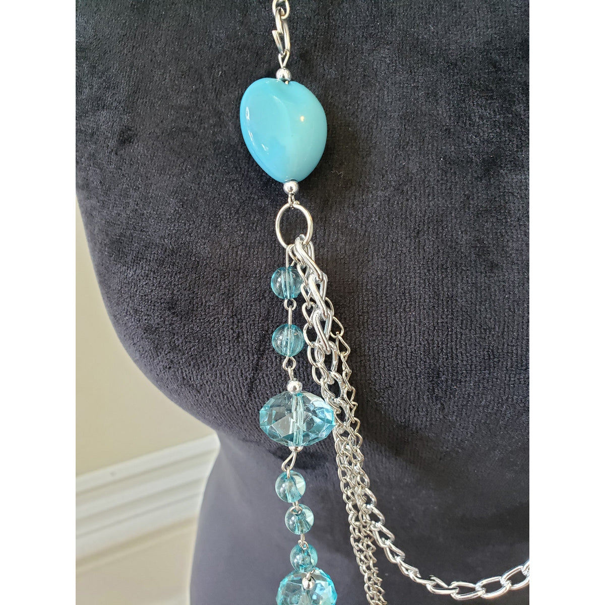 Women Fashion Two Tone Multi Layered Blue Assorted Glass Bead Statement Necklace