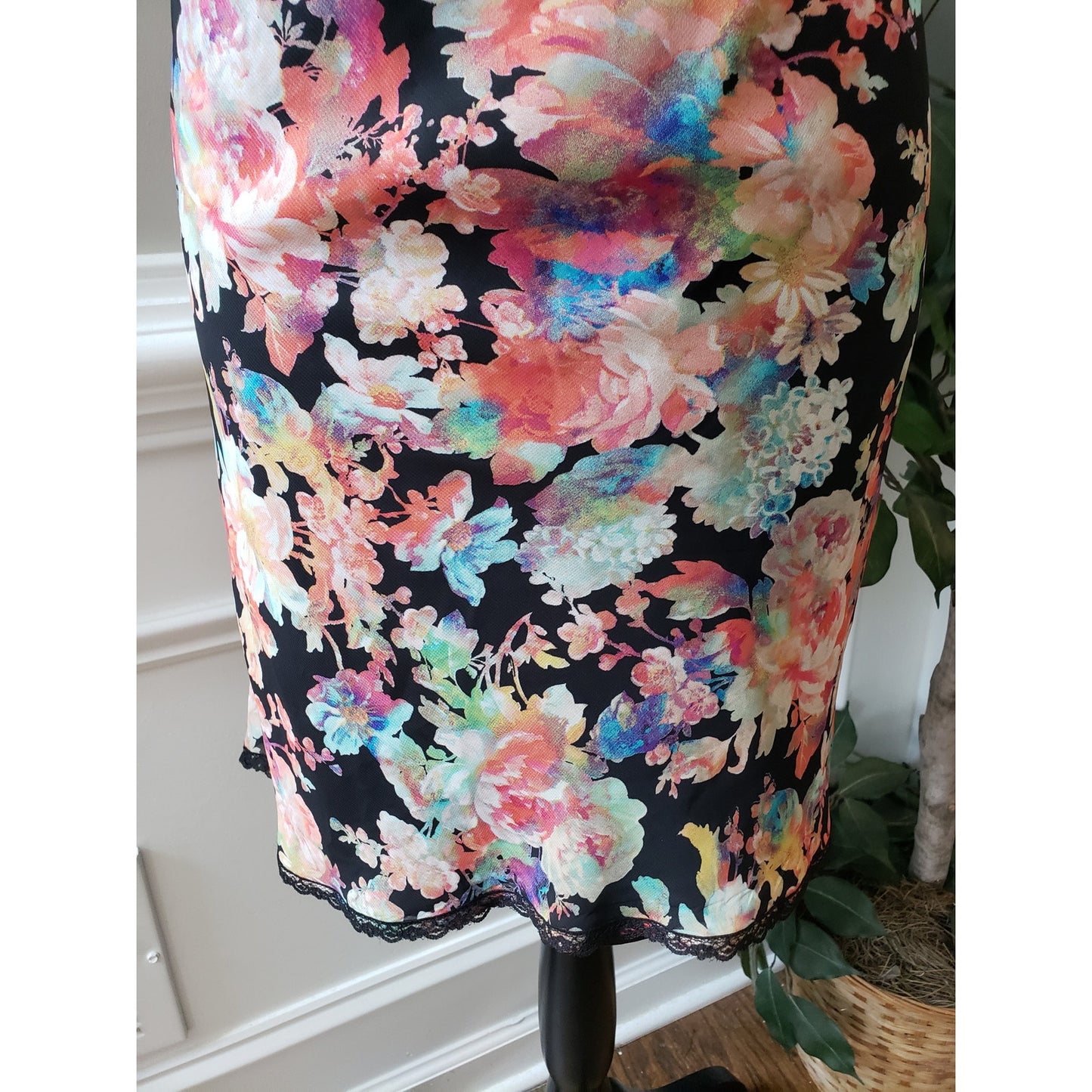 Mimi Chica Sheer Dress Womens Medium Black Floral Lined Ruffle Spaghetti Strap