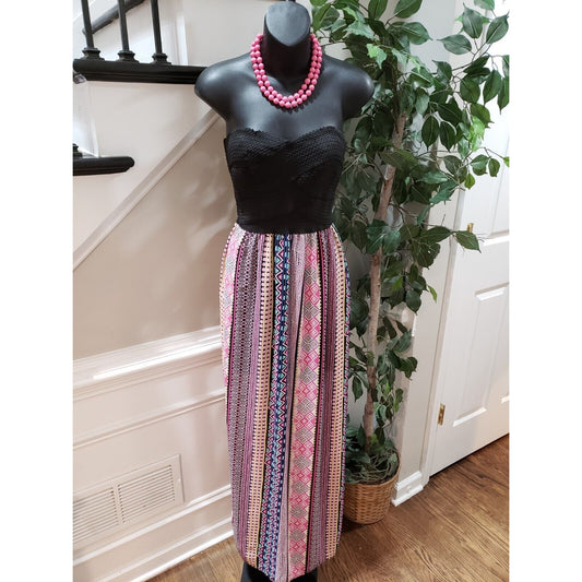 B. Darlin Women's Multi Geo Print Pleated Back Zip Off Shoulder Maxi Dress Small