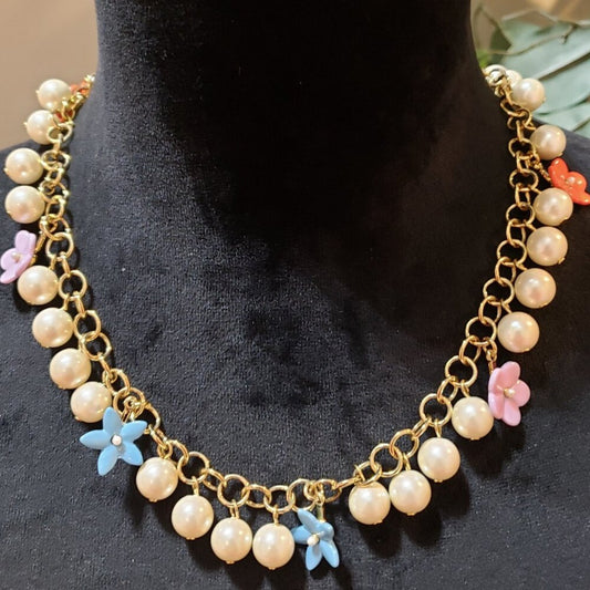 Ann Taylor Womens Gold Tone Faux Pearls Flower Charms Necklace with Hook & Eye