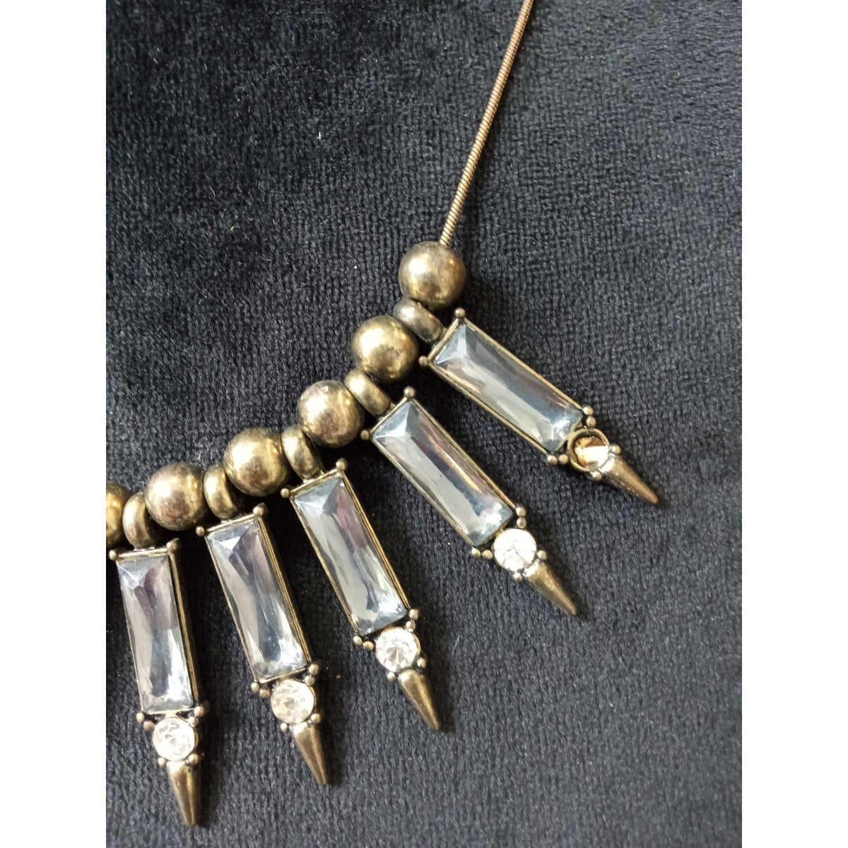 Antique Gold Tone Crystal Spike Statement Necklace Art Deco Fringe Bib Collar