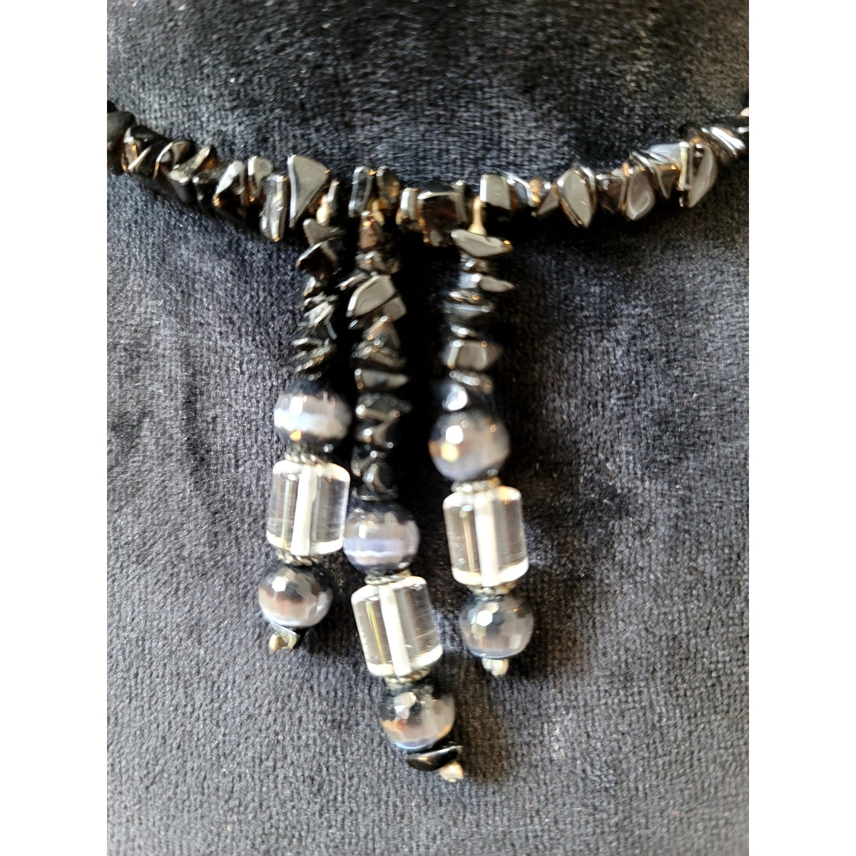 Black Stone Beaded Choker Necklace with Crystal Tassel Fringe Gothic Boho