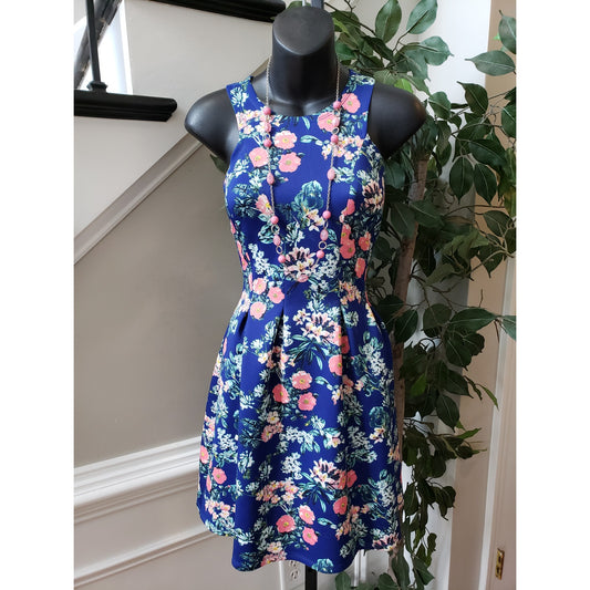 Pink Rose Fit & Flare Dress Womens Size Small Blue Floral Wide Strap Round Neck
