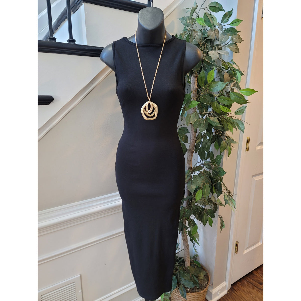 Bumpsuit Bodycon Midi Dress Women's Small Black Stretch Ribbed Knit Boat Neck