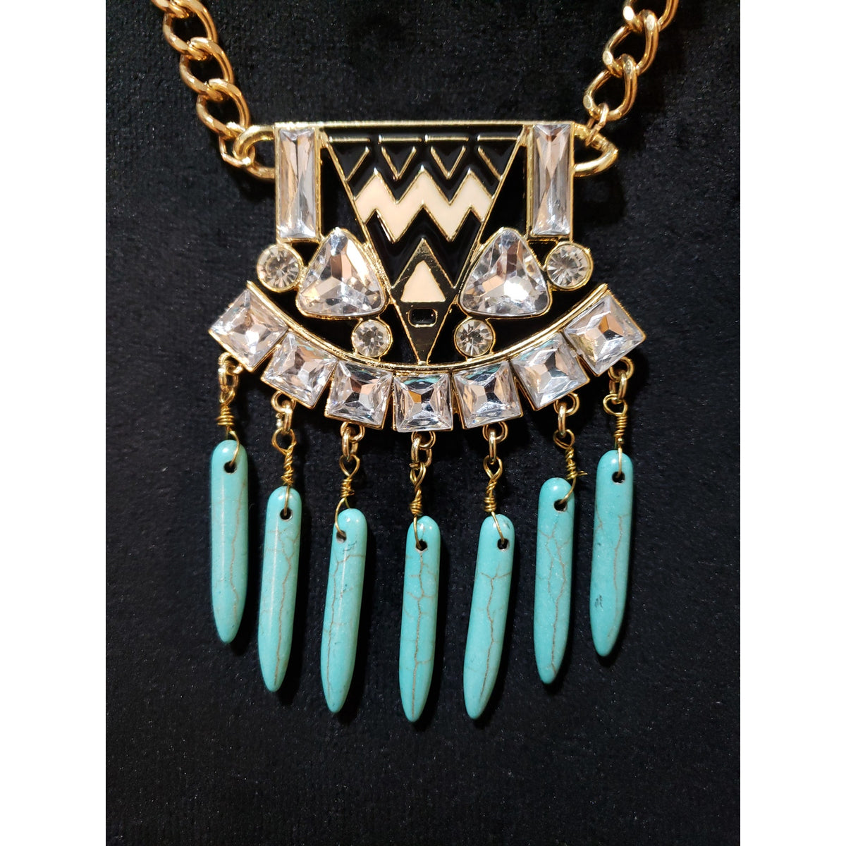 Southwestern Gold Tone Faux Turquoise Black Cream Enamel Rhinestone Necklace