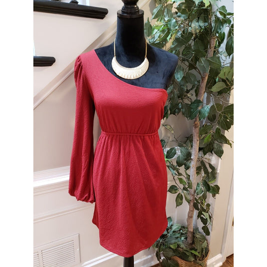 Judith March Women's Red Polyester Pleated One Shoulder Fit & Flare Dress Large