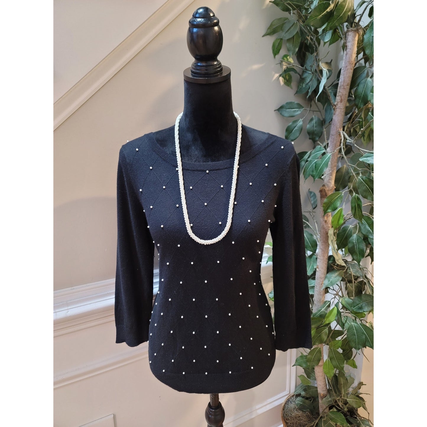 ELLE Sweater Women's Medium Black Pearl Embellished 34 Sleeve Pullover Knit
