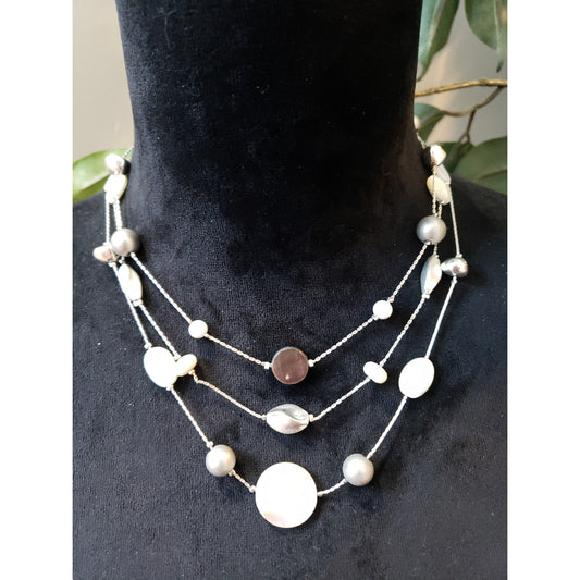 Womens 3 Strand Silver Tone Faux Pearl Abolan Shell Blister Pearl Bib Necklace