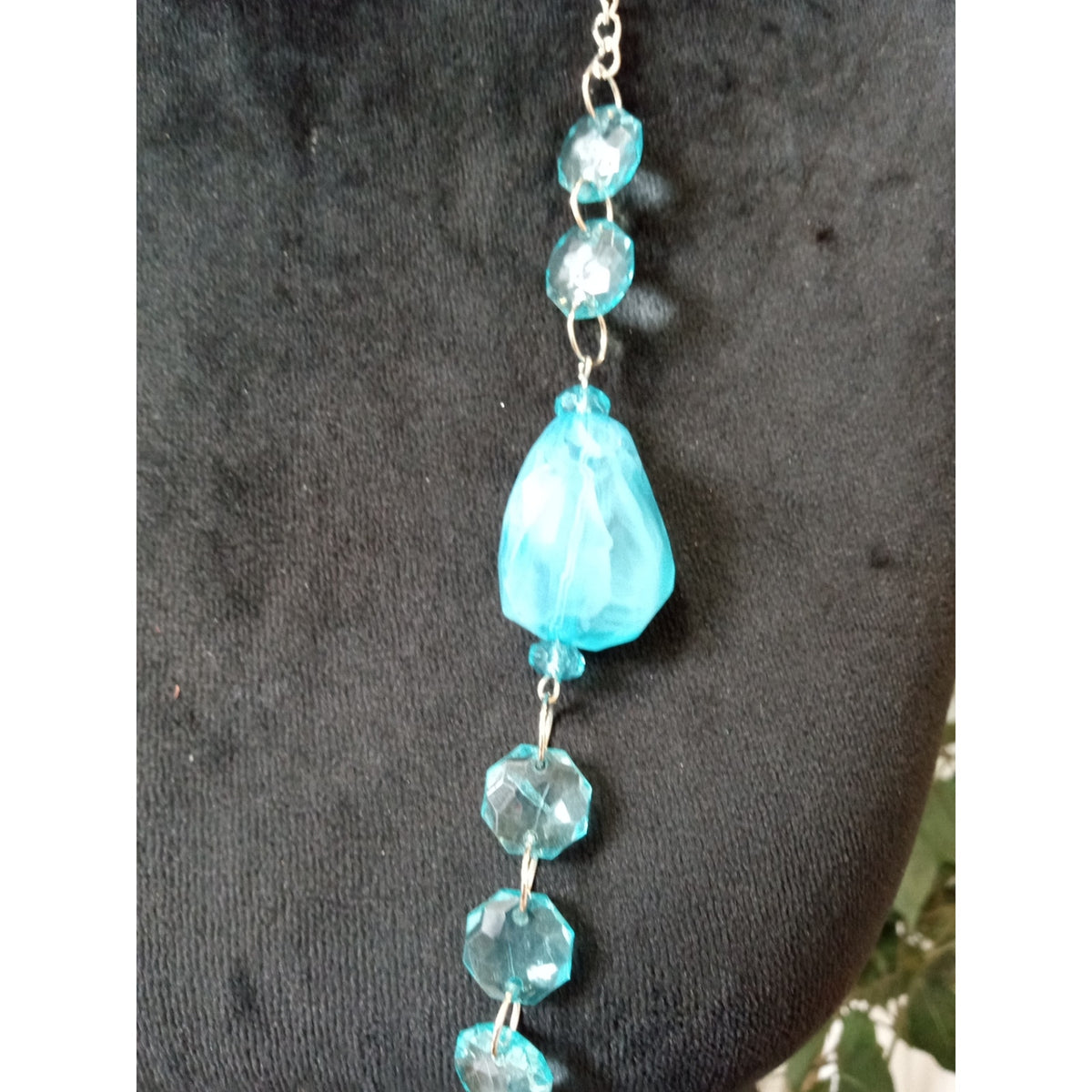Long Turquoise Beaded Necklace Blue Glass Beads Silver Tone Boho Statement Set