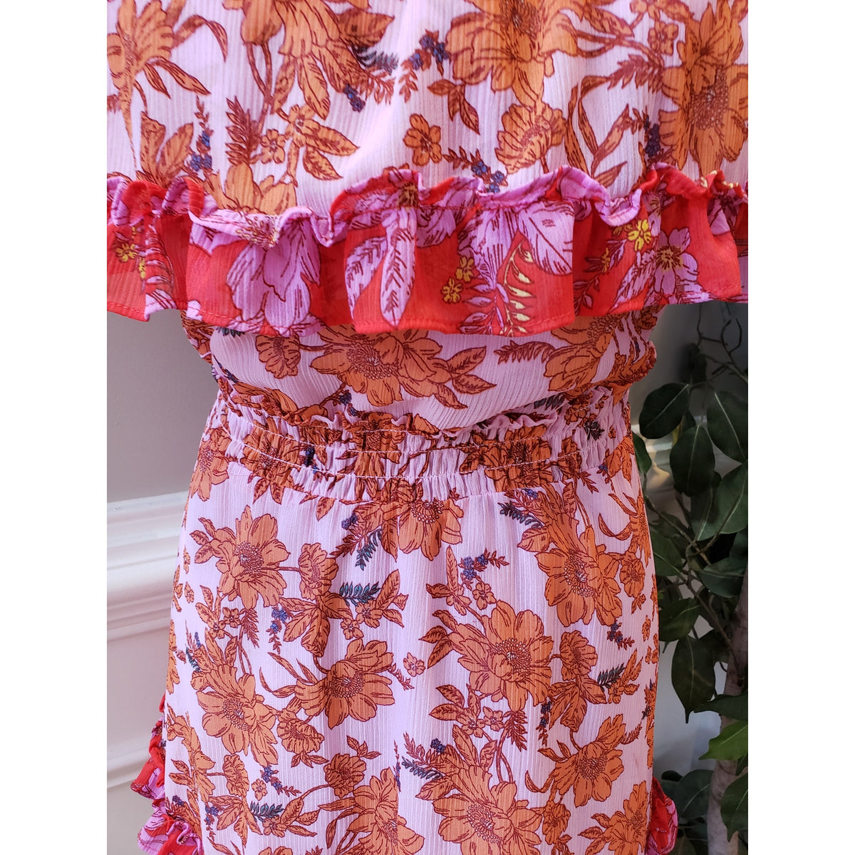 Jessica Simpson Mini Dress Women M Pink Orange Floral Ruffle Off The Shoulder