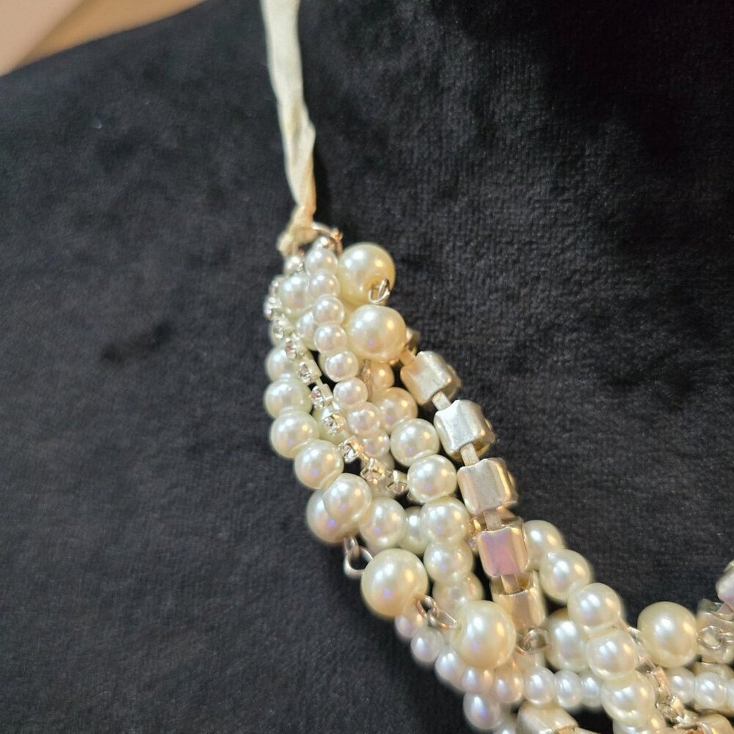 Womens Fashion White Layer Pearls Rhinestone Chunky Statement Necklace