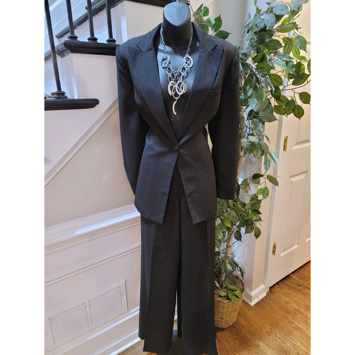 Le Suit Pant Suit Women SZ 12 Black Micro-Plaid Single Button Blazer Fully Lined
