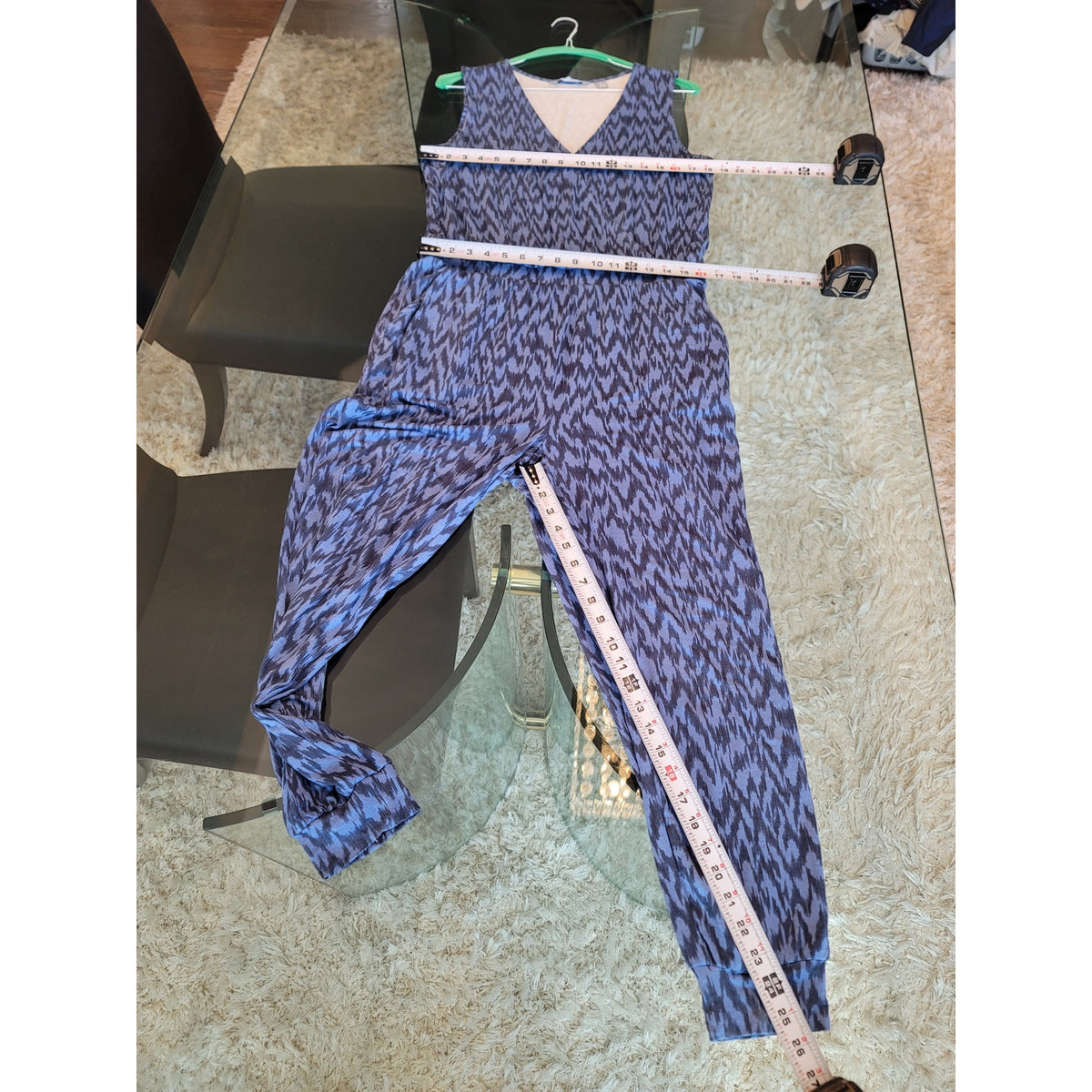 Loungy by Giuliana Jogger Jumpsuit Women's Size Large Blue V Neck Sleeveless