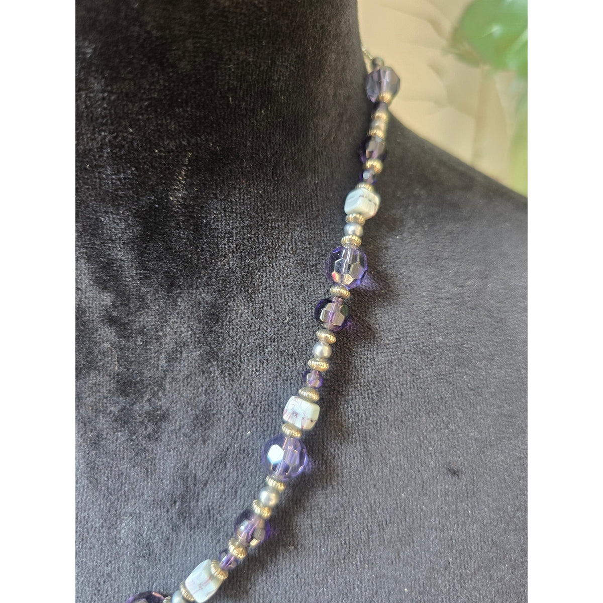 Purple Silver Tone Beaded Necklace Glass Style Beads Boho Fashion Jewelry