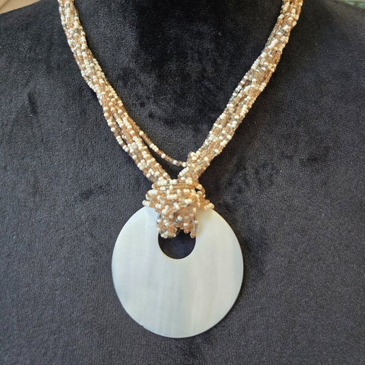 Womens Amber White Seed Beads Round Disc Pendant Necklace with Lobster Clasp