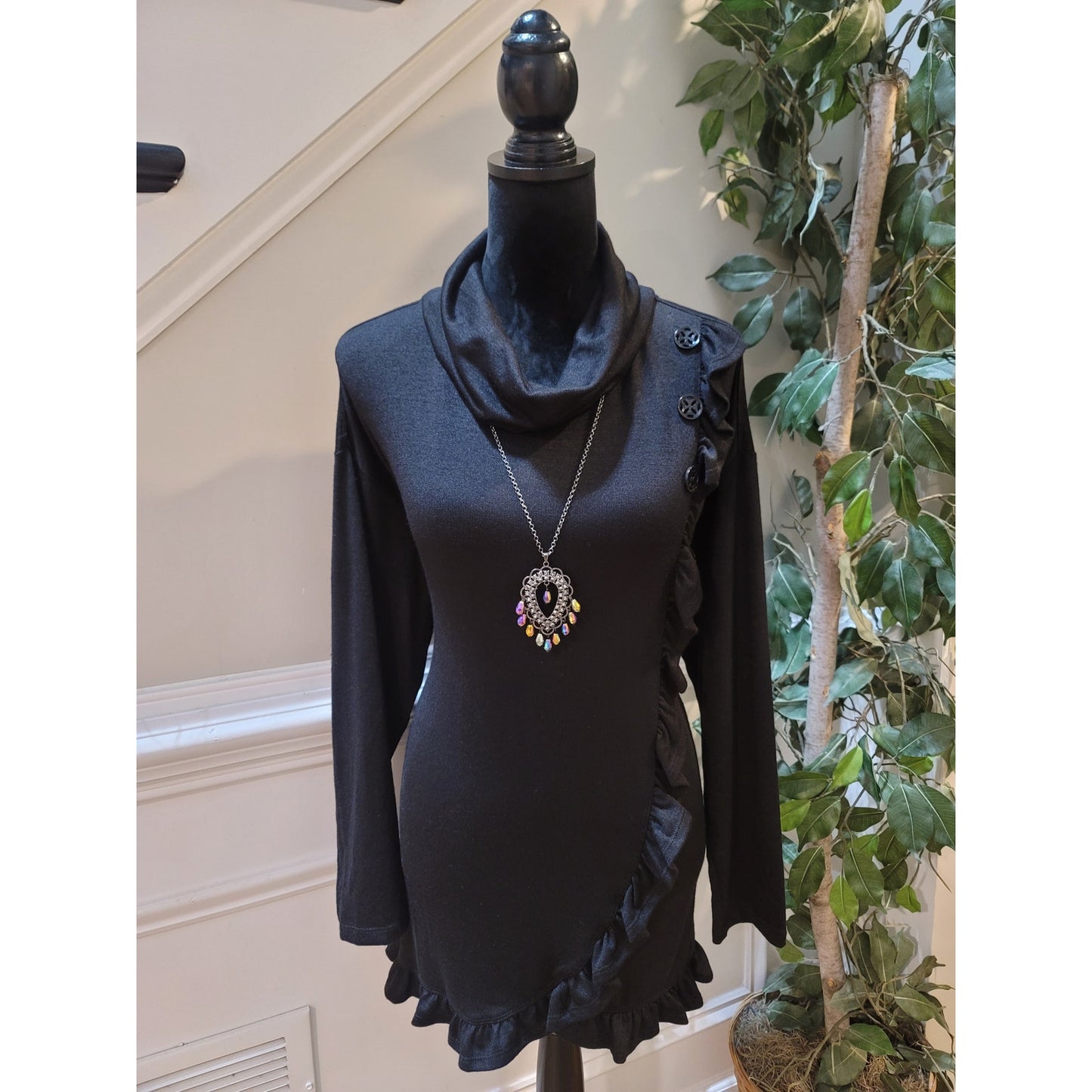 Multiples Sweater Women's Large Black Cowl Neck Long Sleeve Ruffle Hem Stretch