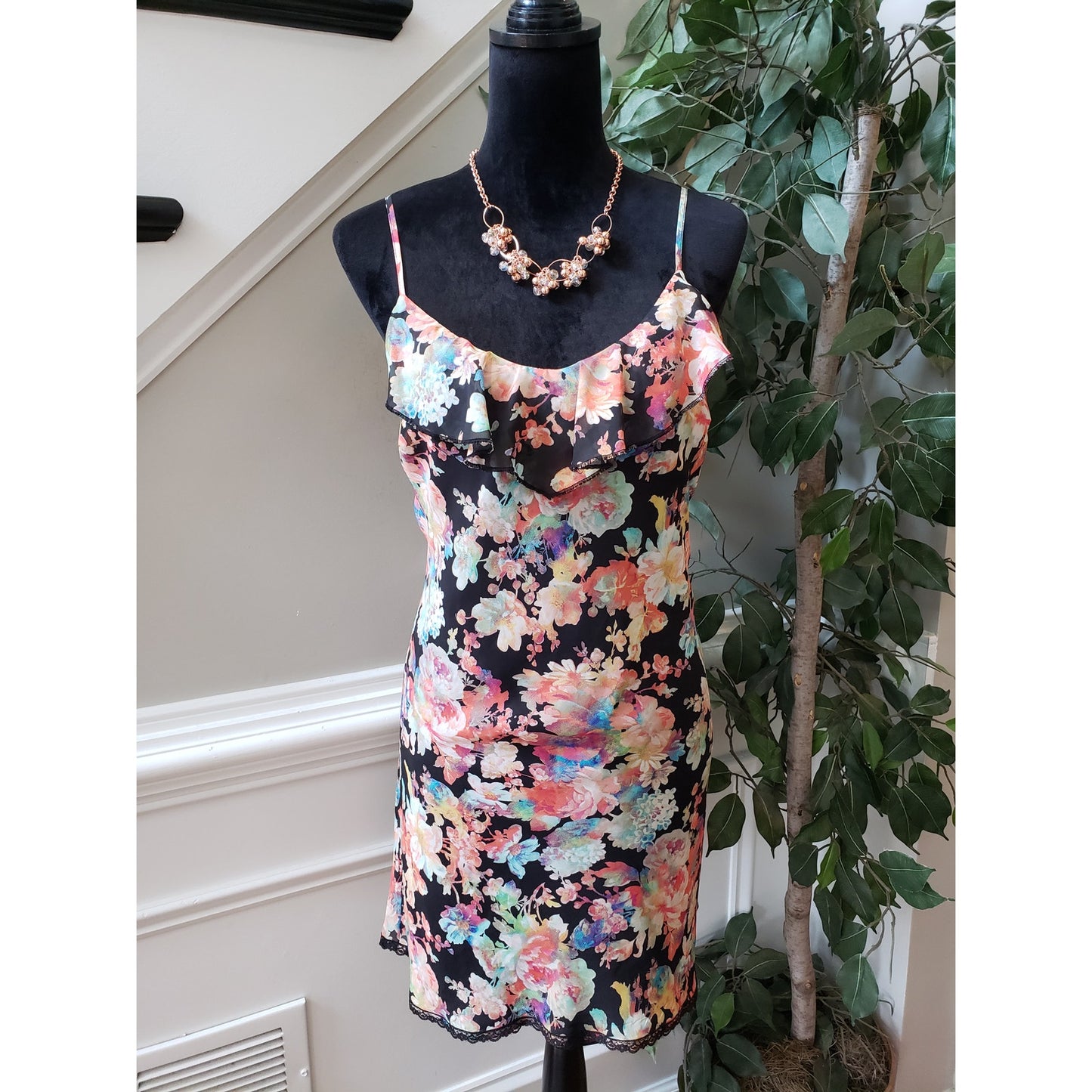 Mimi Chica Sheer Dress Womens Medium Black Floral Lined Ruffle Spaghetti Strap
